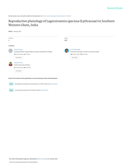 Reproductive Phenology of Lagerstroemia Speciosa (Lythraceae) in Southern Western Ghats, India