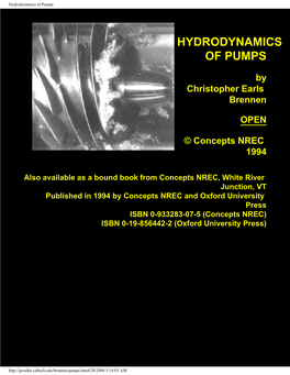 Hydrodynamics of Pumps, by Christopher Earls Brennen