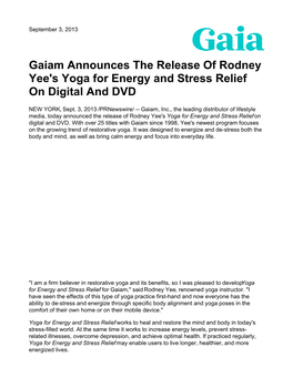 Gaiam Announces the Release of Rodney Yee's Yoga for Energy and Stress Relief on Digital and DVD