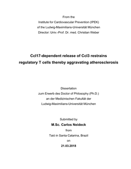 Ccl17-Dependent Release of Ccl3 Restrains Regulatory T Cells Thereby Aggravating Atherosclerosis