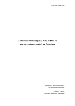 La Révolution Romantique De Mme De Staël Ou Une Interprétation Modérée Du Fantastique