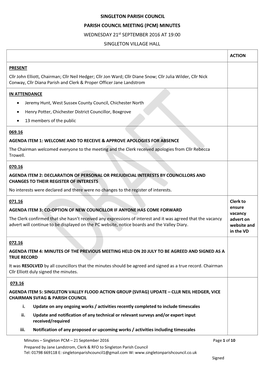 SINGLETON PARISH COUNCIL PARISH COUNCIL MEETING (PCM) MINUTES WEDNESDAY 21St SEPTEMBER 2016 at 19:00 SINGLETON VILLAGE HALL