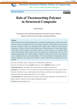 Role of Thermosetting Polymer in Structural Composite