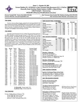 Game 7 -- October 20, 2001 Furman Paladins (5-1, 4-0 Socon) Vs