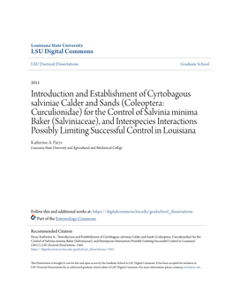 (Coleoptera: Curculionidae) for the Control of Salvinia