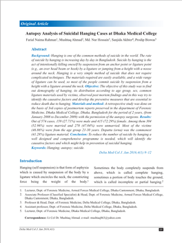 Autopsy Analysis of Suicidal Hanging Cases at Dhaka Medical College Farial Naima Rahman1, Mushtaq Ahmad2, Md