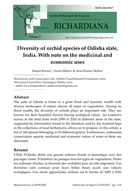Diversity of Orchid Species of Odisha State, India. with Note on the Medicinal and Economic Uses
