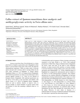 Callus Extract of Ipomoea Mauritiana Show Analgesic and Antihyperglycemic Activity in Swiss Albino Mice