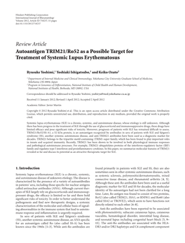 Review Article Autoantigen TRIM21/Ro52 As a Possible Target for Treatment of Systemic Lupus Erythematosus