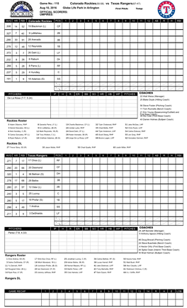 Colorado Rockies(55-58) Vs Texas Rangers(67-47)