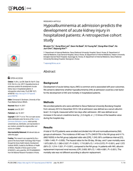 Hypoalbuminemia at Admission Predicts the Development of Acute Kidney Injury in Hospitalized Patients: a Retrospective Cohort Study