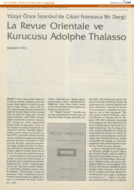 La Revue Orientale Ve Kurucusu Adolphe Thalasso