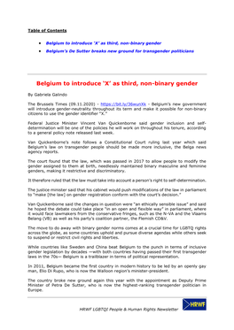 Belgium to Introduce ‘X’ As Third, Non-Binary Gender • Belgium’S De Sutter Breaks New Ground for Transgender Politicians