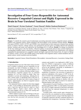 Investigation of Four Genes Responsible for Autosomal Recessive Congenital Cataract and Highly Expressed in the Brain in Four Unrelated Tunisian Families