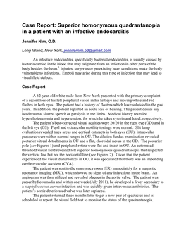 Case Report: Superior Homonymous Quadrantanopia in a Patient with an Infective Endocarditis