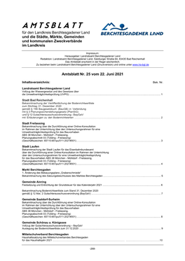 Für Den Landkreis Berchtesgadener Land Und Die Städte, Märkte, Gemeinden Und Kommunalen Zweckverbände Im Landkreis