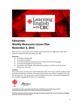 Edmonton Weekly Newscasts Lesson Plan November 2, 2015