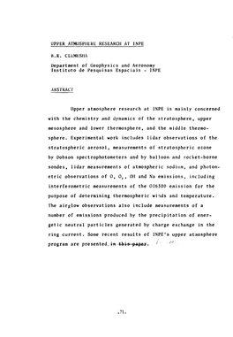 UPPER ATMOSPHERE RESEARCH at INPE B.R. Clbmesha Department of Geophysics and Aeronomy Instituto De Pesquisas Espaciais