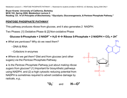 PENTOSE PHOSPHATE PATHWAY — Restricted for Students Enrolled in MCB102, UC Berkeley, Spring 2008 ONLY