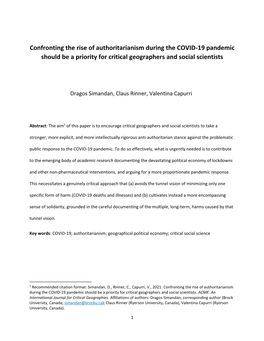 Confronting the Rise of Authoritarianism During the COVID-19 Pandemic Should Be a Priority for Critical Geographers and Social Scientists