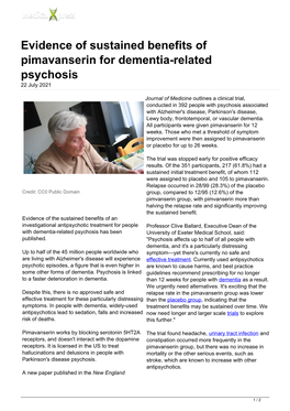 Evidence of Sustained Benefits of Pimavanserin for Dementia-Related Psychosis 22 July 2021