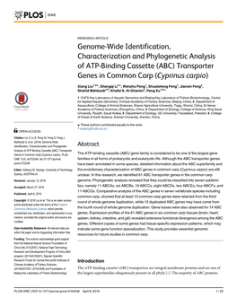 Genome-Wide Identification, Characterization and Phylogenetic Analysis of ATP-Binding Cassette (ABC) Transporter Genes in Common Carp (Cyprinus Carpio)