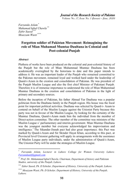 Reimagining the Role of Mian Muhamad Mumtaz Daultana in Colonial and Post-Colonial Punjab