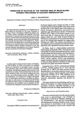 Formation of Sulfates at the Thiaphes Area of Milos Island: Possible Precursors of Kaolinite Mineralization Akts E. Kelepertsis