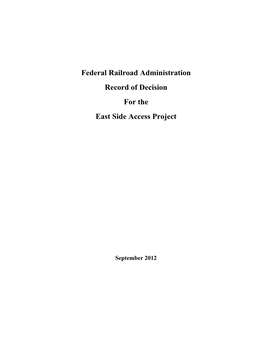 Federal Railroad Administration Record of Decision for the East Side Access Project