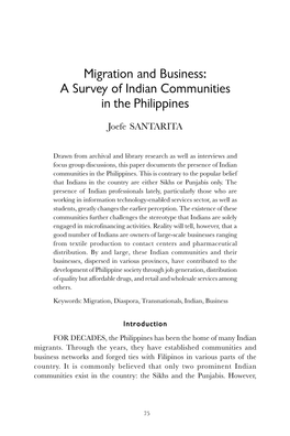 Migration and Business: a Survey of Indian Communities in the Philippines