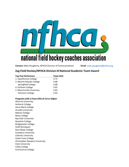 Zag Field Hockey/NFHCA Division III National Academic Team Award