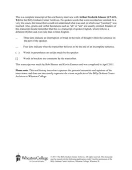 This Is a Complete Transcript of the Oral History Interview with Arthur Frederik Glasser (CN 421, T4) for the Billy Graham Center Archives