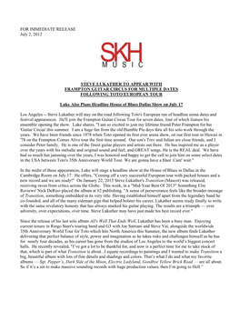 FOR IMMEDIATE RELEASE July 2, 2012 STEVE LUKATHER TO