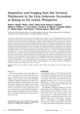 Adaptation and Foraging from the Terminal Pleistocene to the Early Holocene: Excavation at Bubog on Ilin Island, Philippines