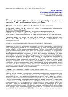 Salvia Officinalis) Antiviral Role: Potentiality of a Unani Hand Sanitizer in COVID-19 (Corona Virus) Second Wave Control