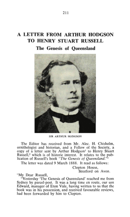 A LETTER from ARTHUR HODGSON to HENRY STUART RUSSELL the Genesis of Queensland