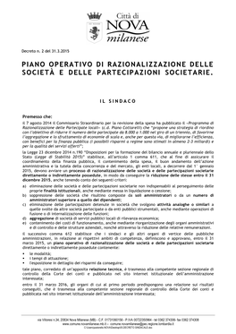 Piano Operativo Di Razionalizzazione Delle Società E Delle Partecipazioni Societarie