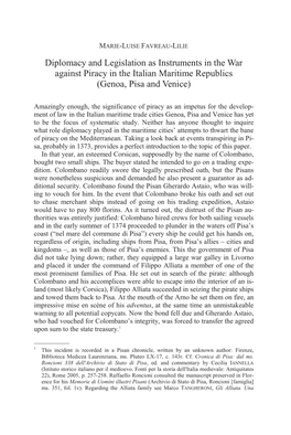 Diplomacy and Legislation As Instruments in the War Against Piracy in the Italian Maritime Republics (Genoa, Pisa and Venice)
