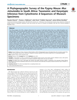 A Phylogeographic Survey of the Pygmy Mouse Mus Minutoides in South Africa: Taxonomic and Karyotypic Inference from Cytochrome B Sequences of Museum Specimens