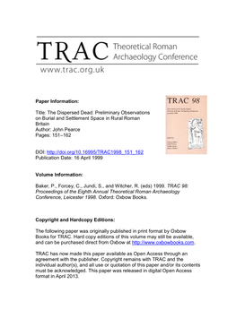 Preliminary Observations on Burial and Settlement Space in Rural Roman Britain Author: John Pearce Pages: 151–162