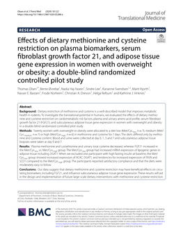 Effects of Dietary Methionine and Cysteine Restriction on Plasma Biomarkers, Serum Fibroblast Growth Factor 21, and Adipose Tiss