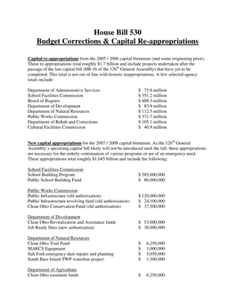 House Bill 530 Budget Corrections & Capital Re-Appropriations
