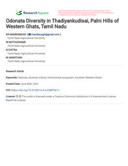 Odonata Diversity in Thadiyankudisai, Palni Hills of Western Ghats, Tamil Nadu