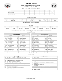 CFL Game Details Ottawa Redblacks @ Edmonton Eskimos Week #9 - Game #43 - Year 2019 August 9, 2019-22:00 - Commonwealth Stadium