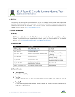 2017 Teambc Canada Summer Games Team SELECTION CRITERIA & STANDARDS