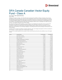DFA Canada Canadian Vector Equity Fund - Class a As of July 31, 2021 (Updated Monthly) Source: RBC Holdings Are Subject to Change