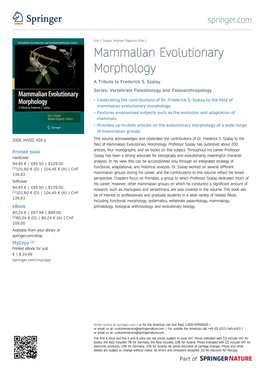 Mammalian Evolutionary Morphology a Tribute to Frederick S