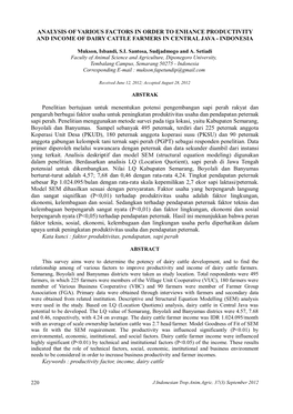 Analysis of Various Factors in Order to Enhance Productivity and Income of Dairy Cattle Farmers in Central Java - Indonesia