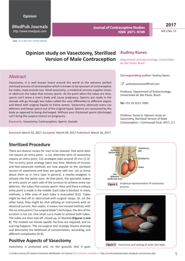 Opinion Study on Vasectomy, Sterilized Version of Male Keywords: Vasectomy; Contraception; Sperm; Gonads Contraception