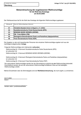 Bekanntmachung Der Zugelassenen Wahlvorschläge Für Die Wahl Des Kreistags Am 02.03.2008